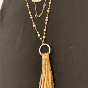 Leather tassel necklace,beads on gold tone chain‎